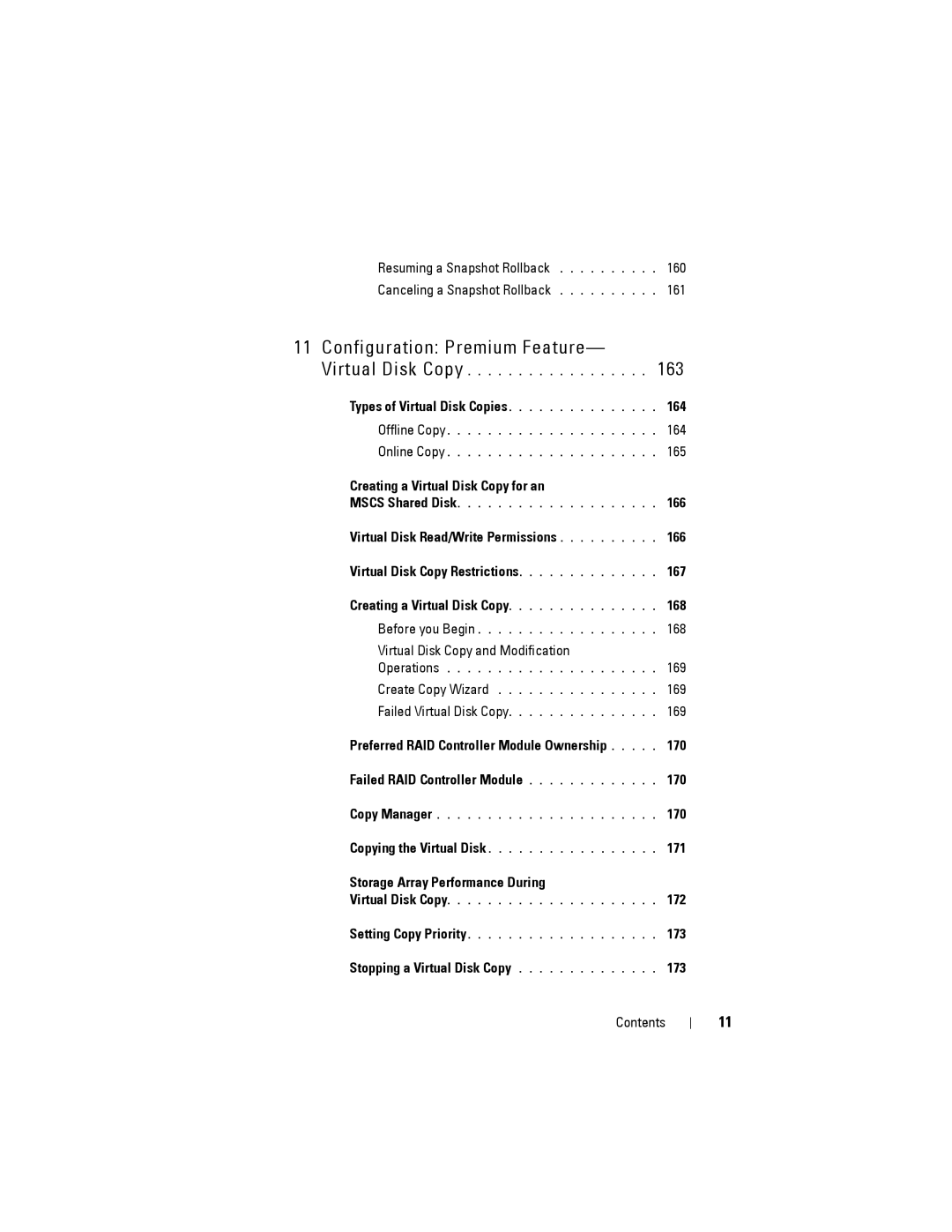 Dell MD3220 160, 161, Types of Virtual Disk Copies 164, 165, Creating a Virtual Disk Copy for an 166, 168, 169, 170, 171 