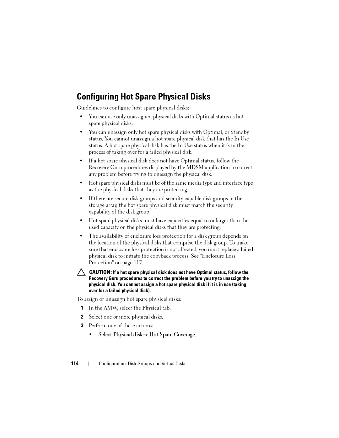Dell MD3200, MD3220 owner manual Configuring Hot Spare Physical Disks, Select Physical disk→ Hot Spare Coverage, 114 