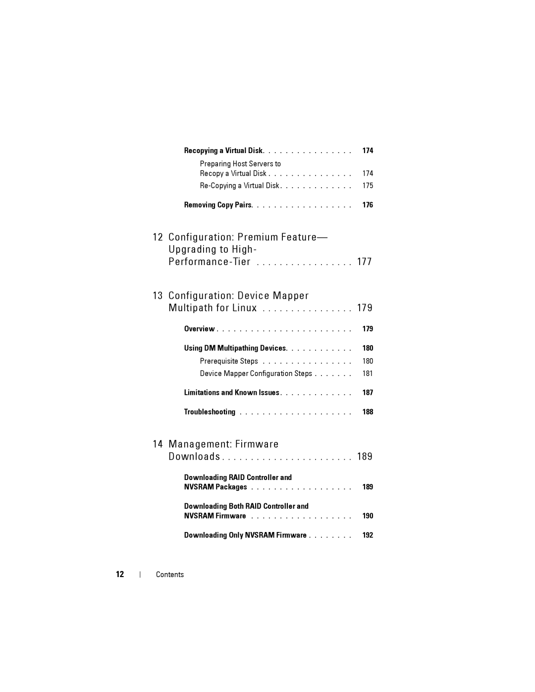 Dell MD3200, MD3220 owner manual 174, 176, 179, Using DM Multipathing Devices 180, 188, Downloading RAID Controller, 189 