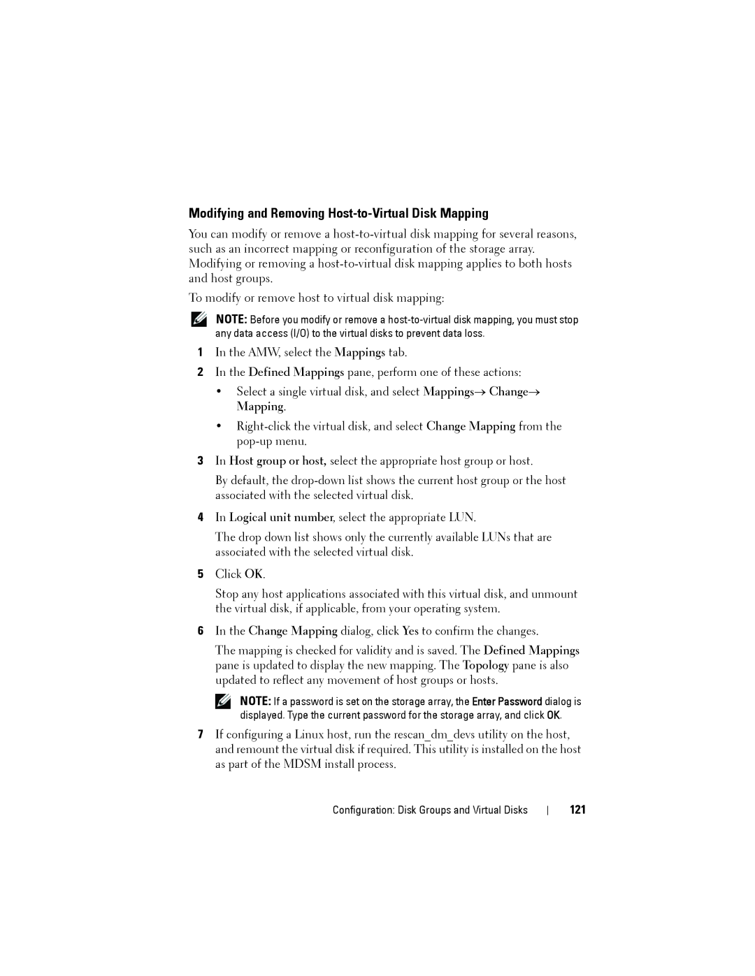 Dell MD3220, MD3200 owner manual Modifying and Removing Host-to-Virtual Disk Mapping, 121 