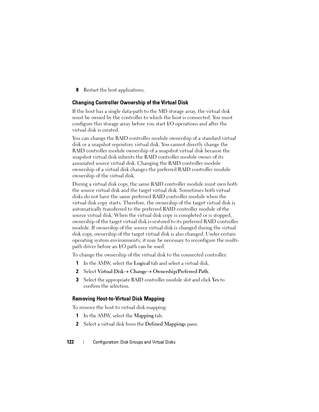 Dell MD3200, MD3220 Changing Controller Ownership of the Virtual Disk, Removing Host-to-Virtual Disk Mapping, 122 