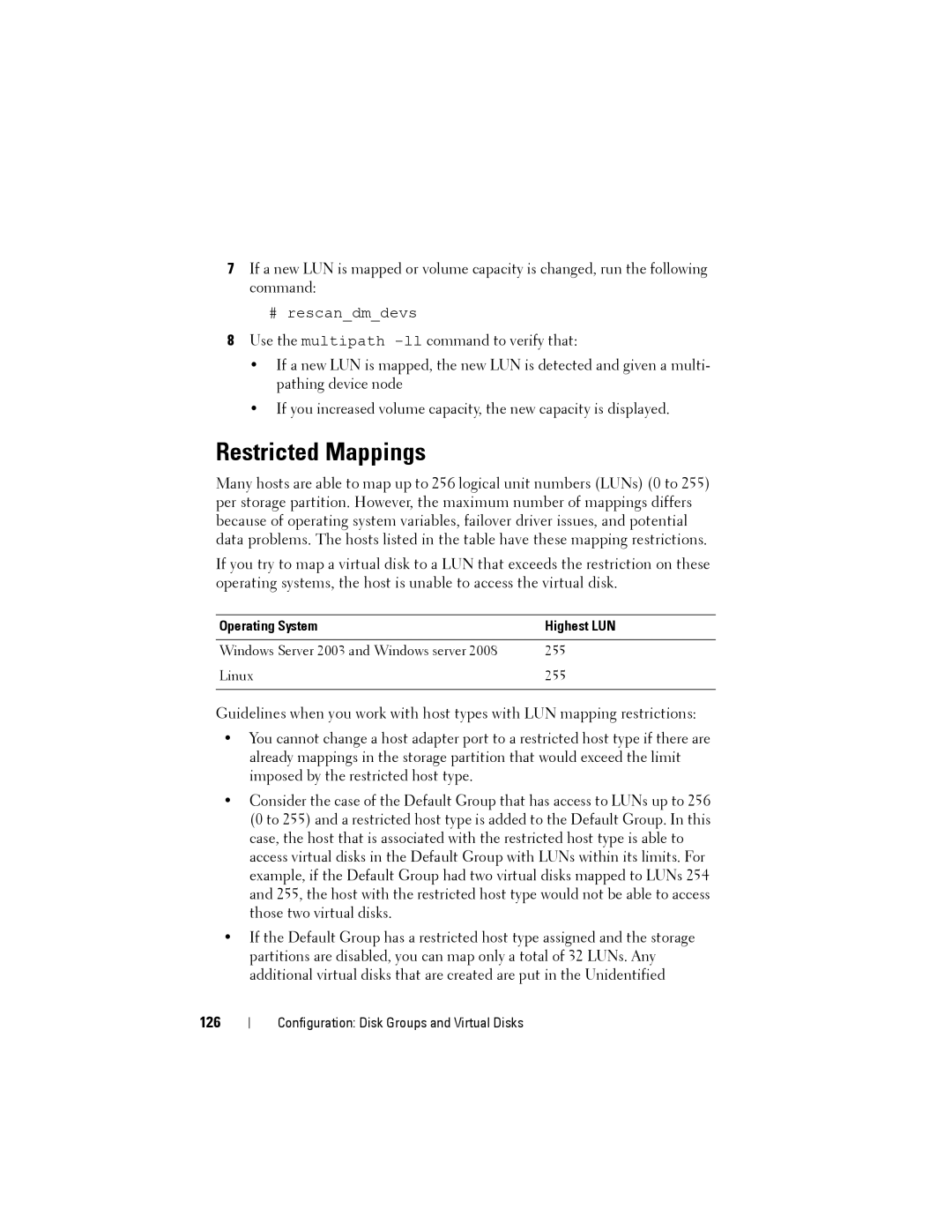 Dell MD3200, MD3220 owner manual Restricted Mappings, 126, Operating System Highest LUN 