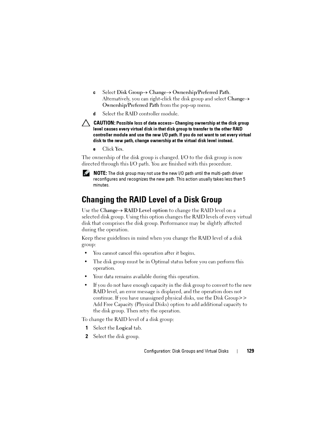 Dell MD3220, MD3200 owner manual Changing the RAID Level of a Disk Group, 129 