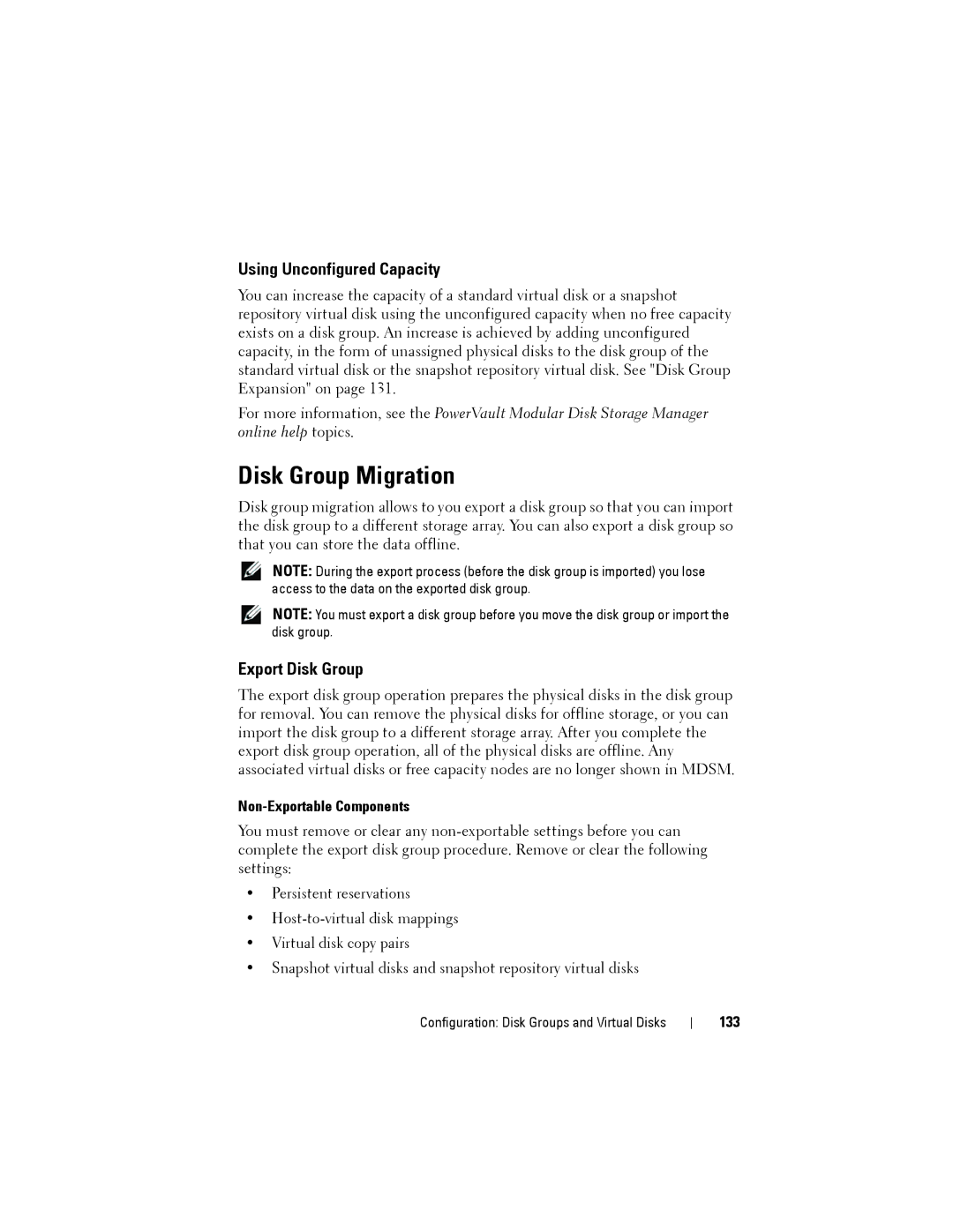 Dell MD3220, MD3200 Disk Group Migration, Using Unconfigured Capacity, Export Disk Group, Non-Exportable Components, 133 