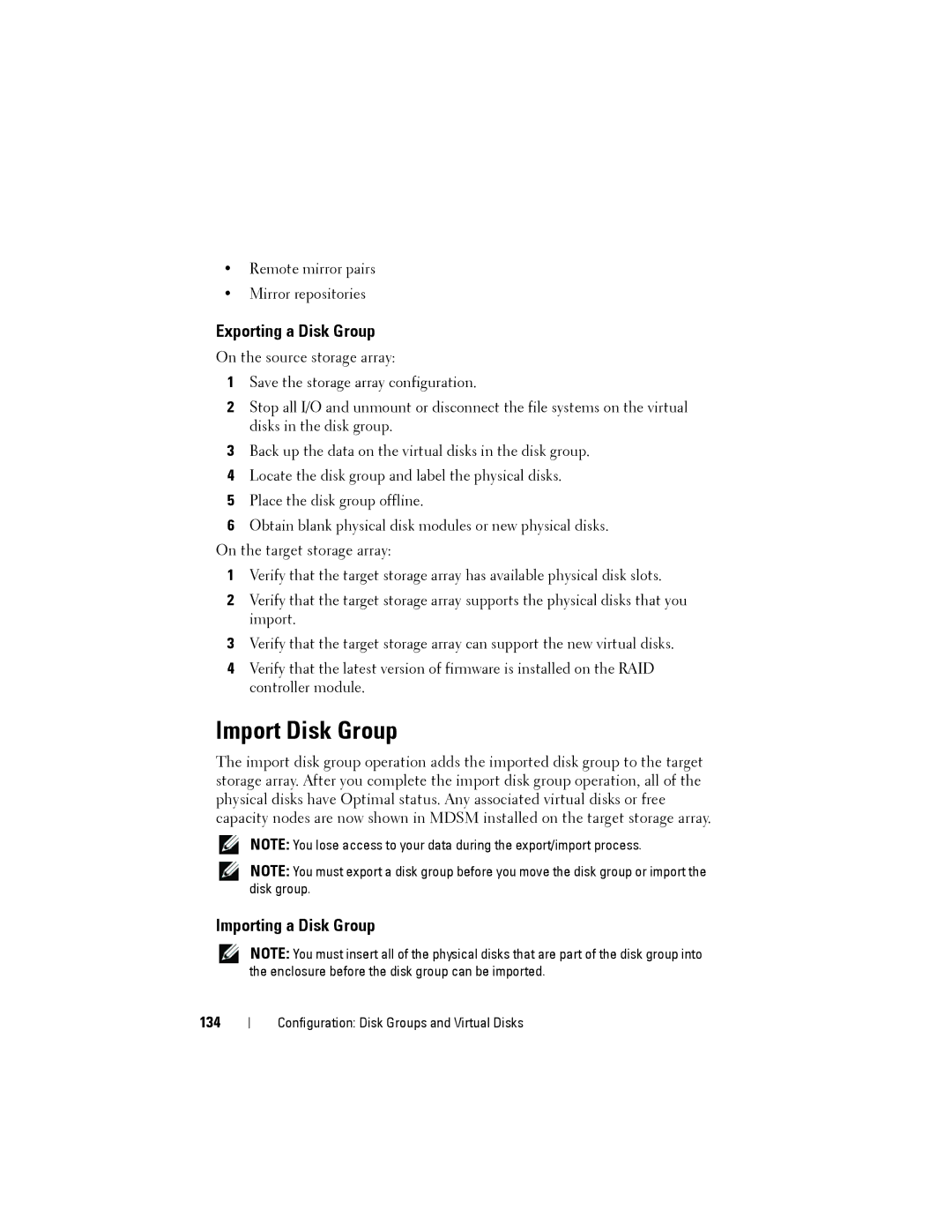 Dell MD3200, MD3220 owner manual Import Disk Group, Exporting a Disk Group, Importing a Disk Group, 134 