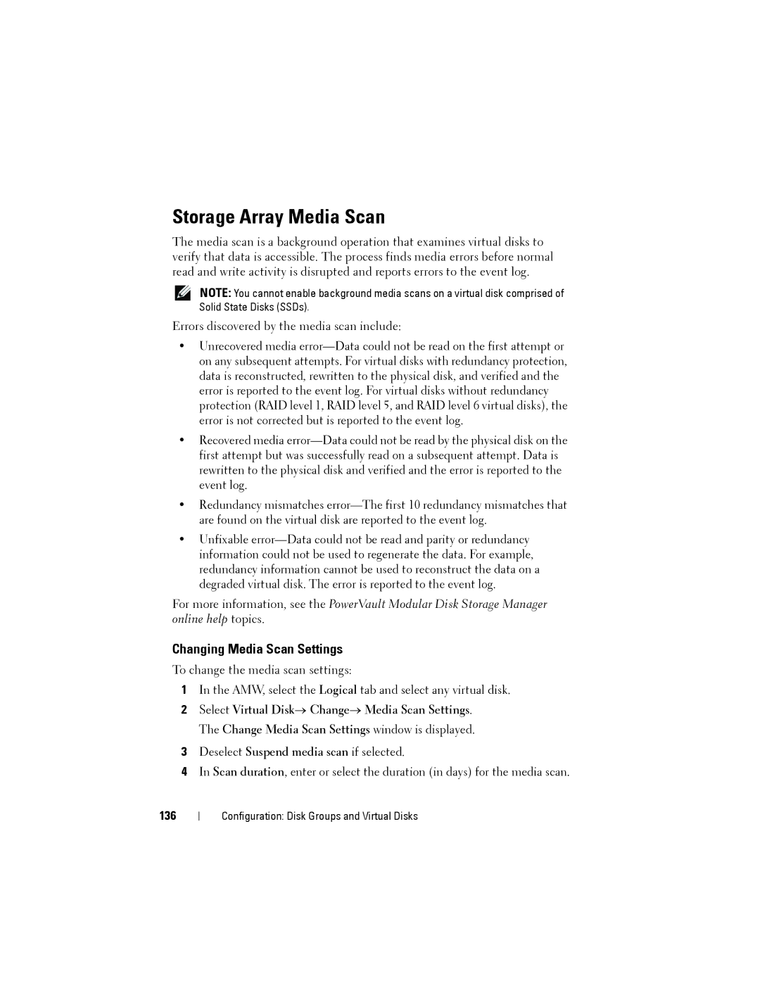 Dell MD3200, MD3220 owner manual Storage Array Media Scan, Changing Media Scan Settings, 136 
