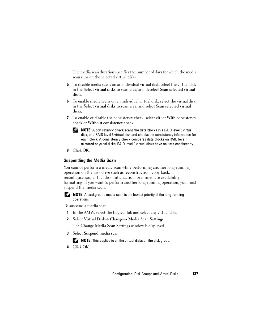 Dell MD3220, MD3200 owner manual Suspending the Media Scan, 137 