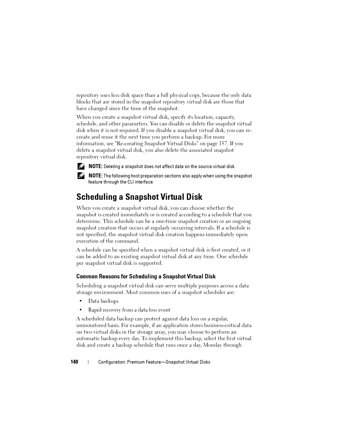 Dell MD3200, MD3220 owner manual Common Reasons for Scheduling a Snapshot Virtual Disk, 140 