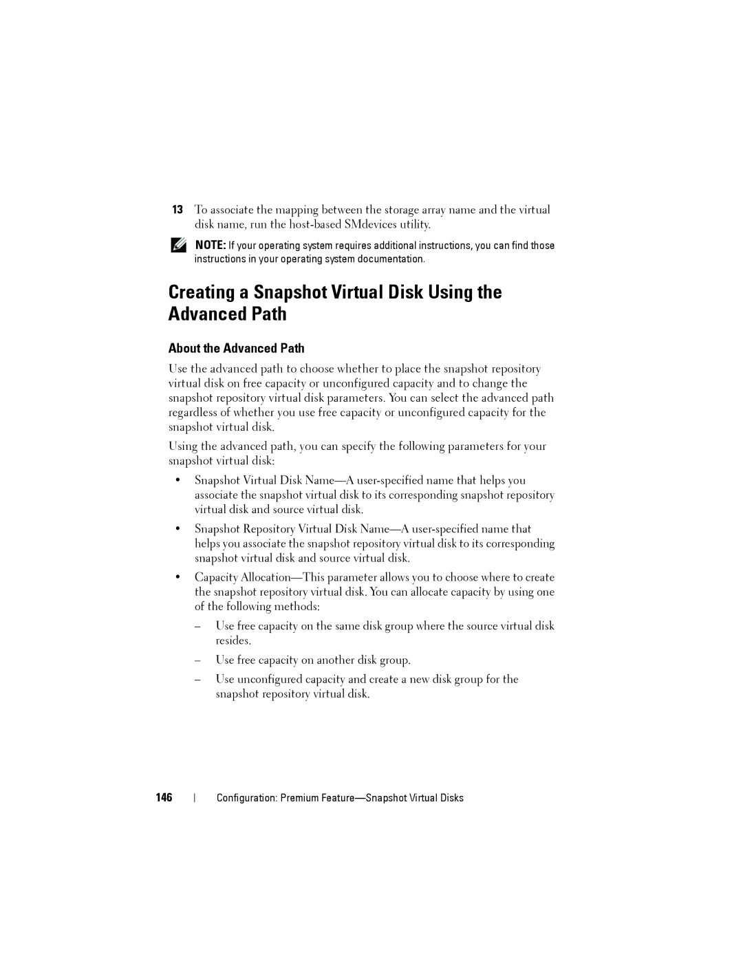 Dell MD3200, MD3220 owner manual Creating a Snapshot Virtual Disk Using the Advanced Path, About the Advanced Path, 146 