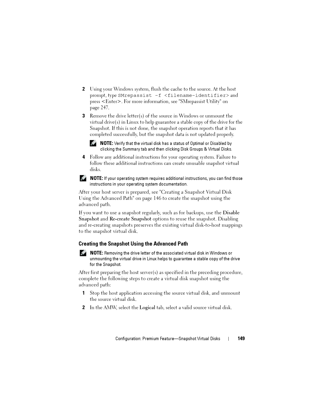 Dell MD3220, MD3200 owner manual Creating the Snapshot Using the Advanced Path, 149 