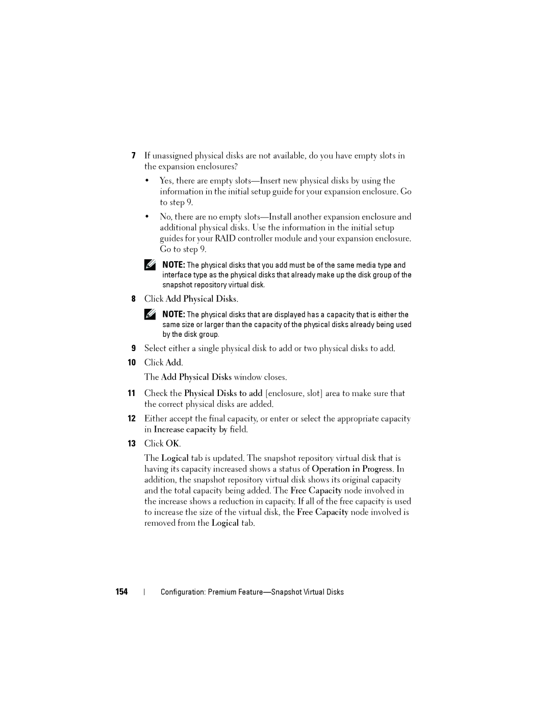 Dell MD3200, MD3220 owner manual Click Add Physical Disks, Add Physical Disks window closes, 154 