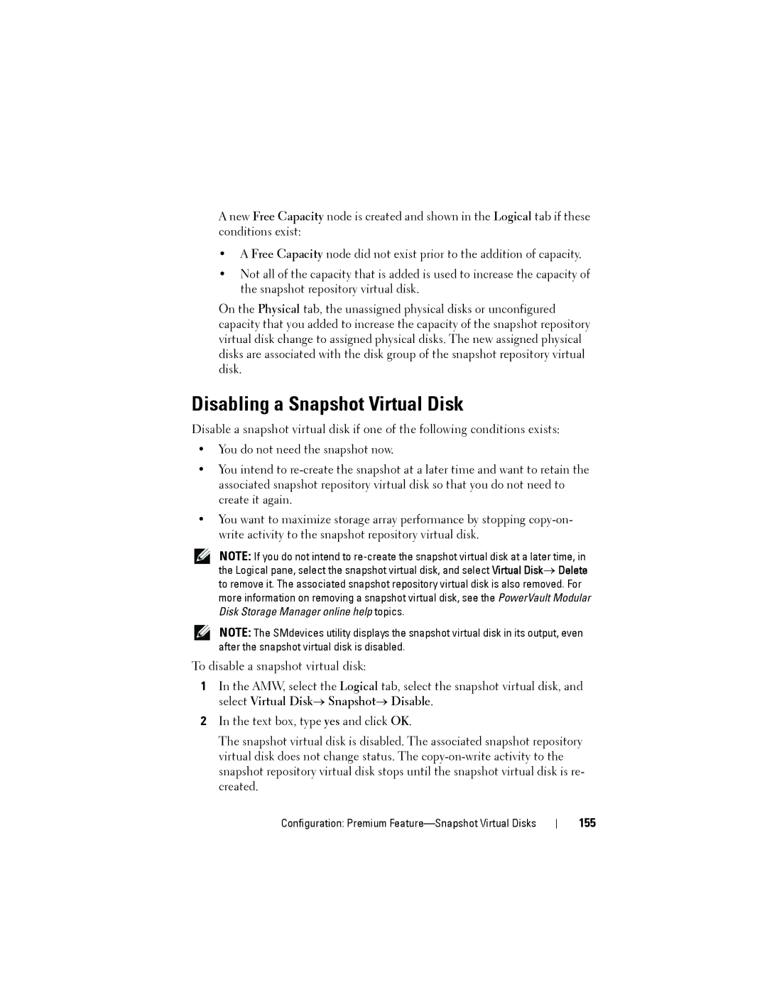 Dell MD3220, MD3200 owner manual Disabling a Snapshot Virtual Disk, 155 