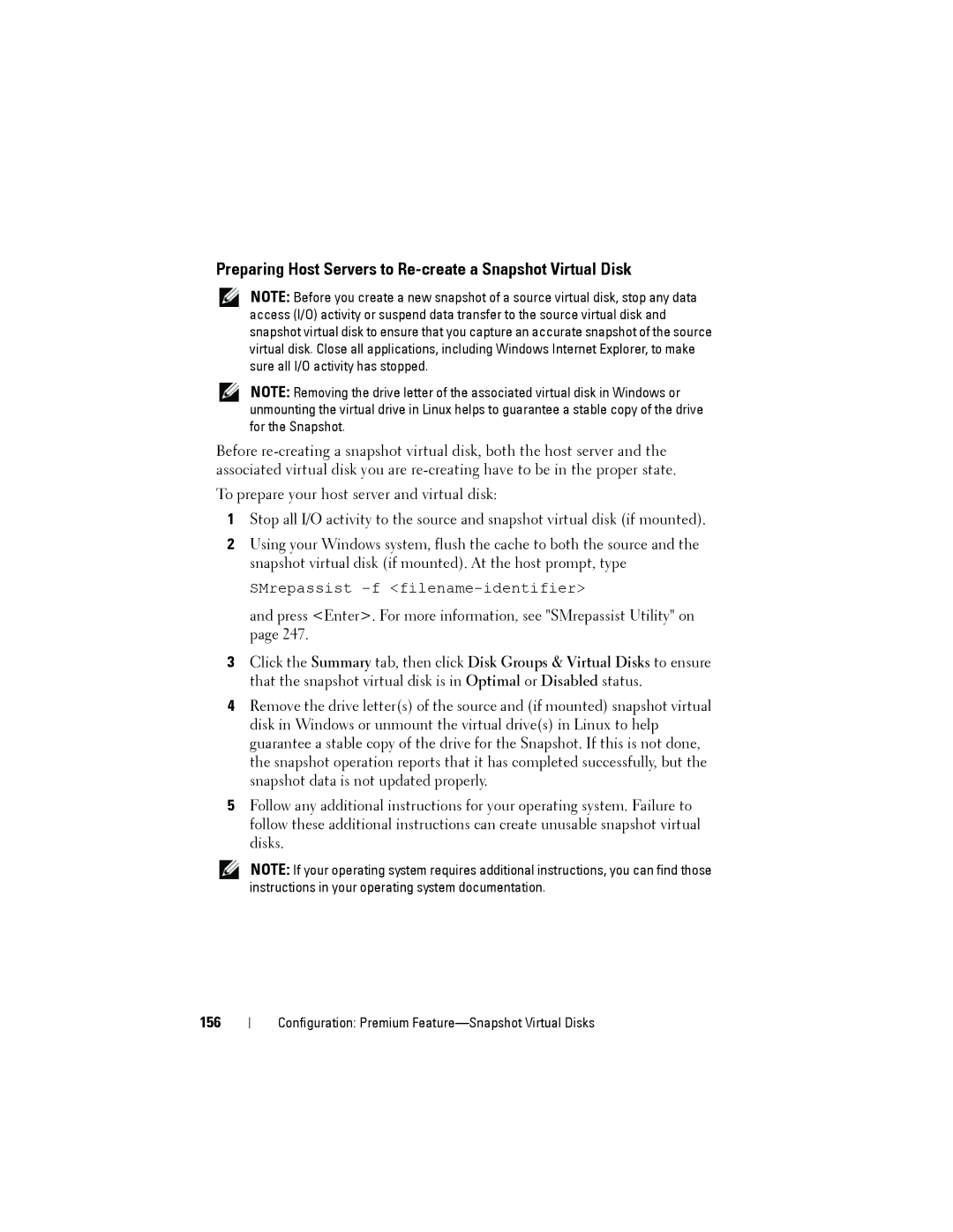 Dell MD3200, MD3220 owner manual Preparing Host Servers to Re-create a Snapshot Virtual Disk, 156 