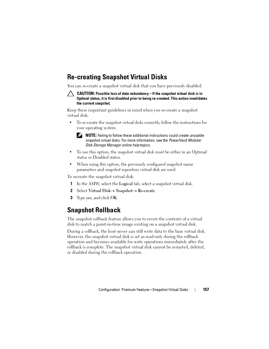 Dell MD3220, MD3200 Re-creating Snapshot Virtual Disks, Snapshot Rollback, Select Virtual Disk→ Snapshot→ Re-create, 157 