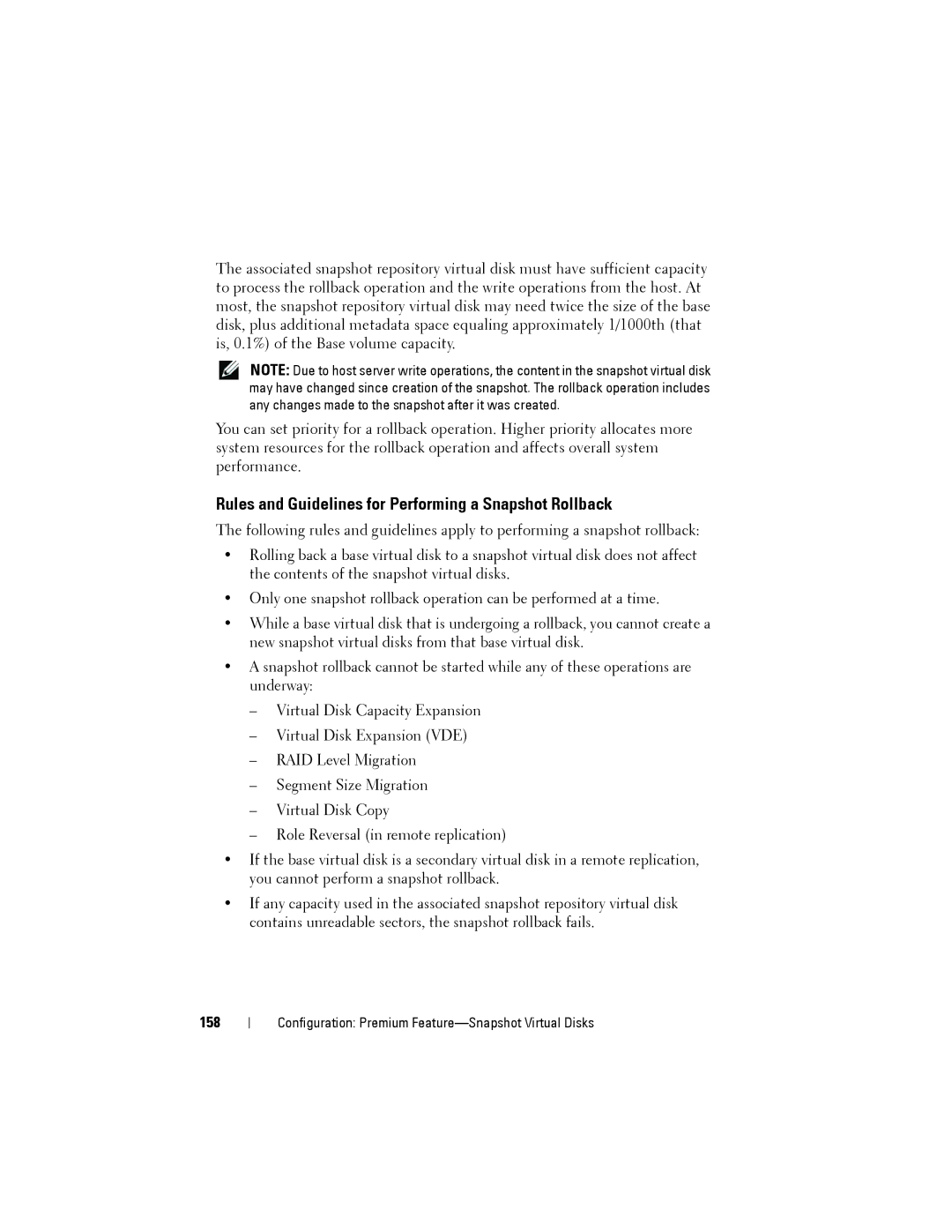 Dell MD3200, MD3220 owner manual Rules and Guidelines for Performing a Snapshot Rollback, 158 