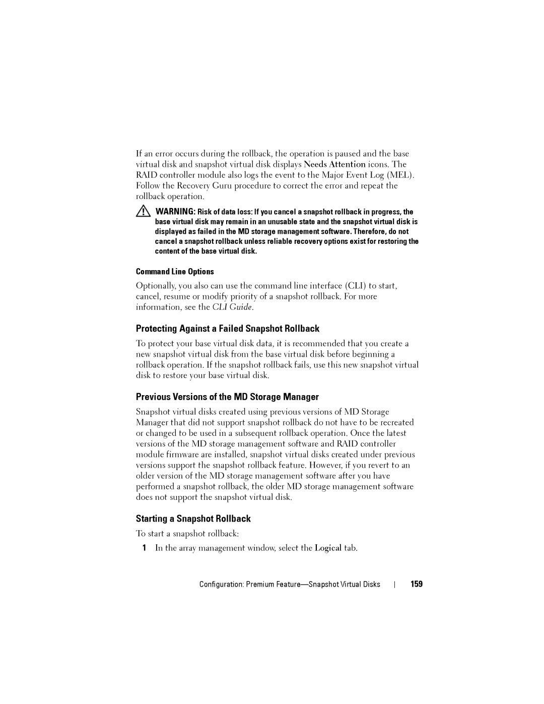 Dell MD3220, MD3200 Protecting Against a Failed Snapshot Rollback, Previous Versions of the MD Storage Manager, 159 