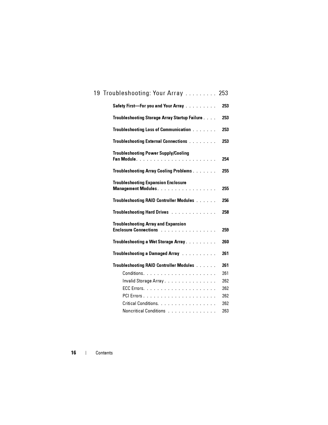 Dell MD3200 Safety First-For you and Your Array 253, Troubleshooting Power Supply/Cooling 254, 255, 256, 260, 262, 263 