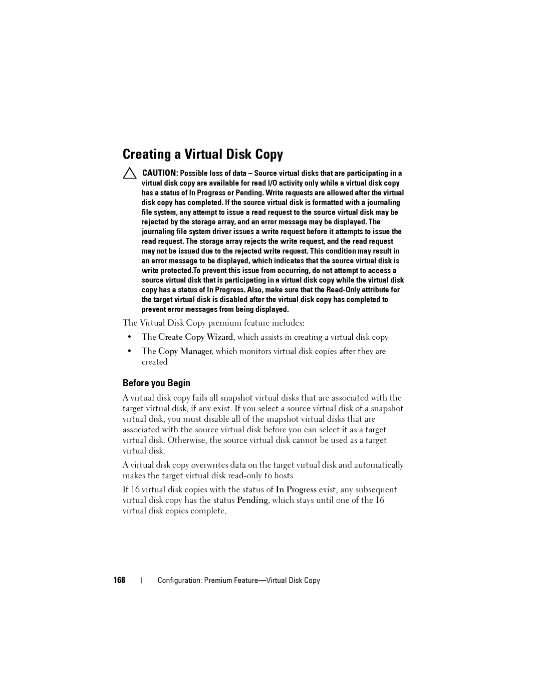 Dell MD3200, MD3220 owner manual Creating a Virtual Disk Copy, Before you Begin, 168 