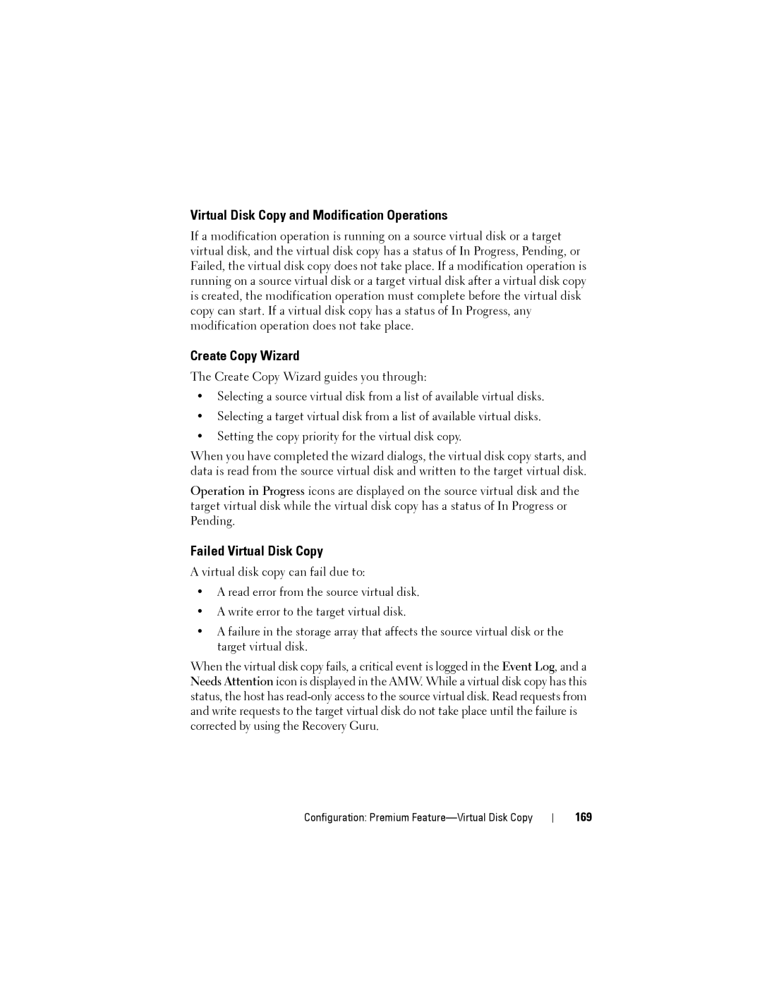 Dell MD3220, MD3200 Virtual Disk Copy and Modification Operations, Create Copy Wizard, Failed Virtual Disk Copy, 169 
