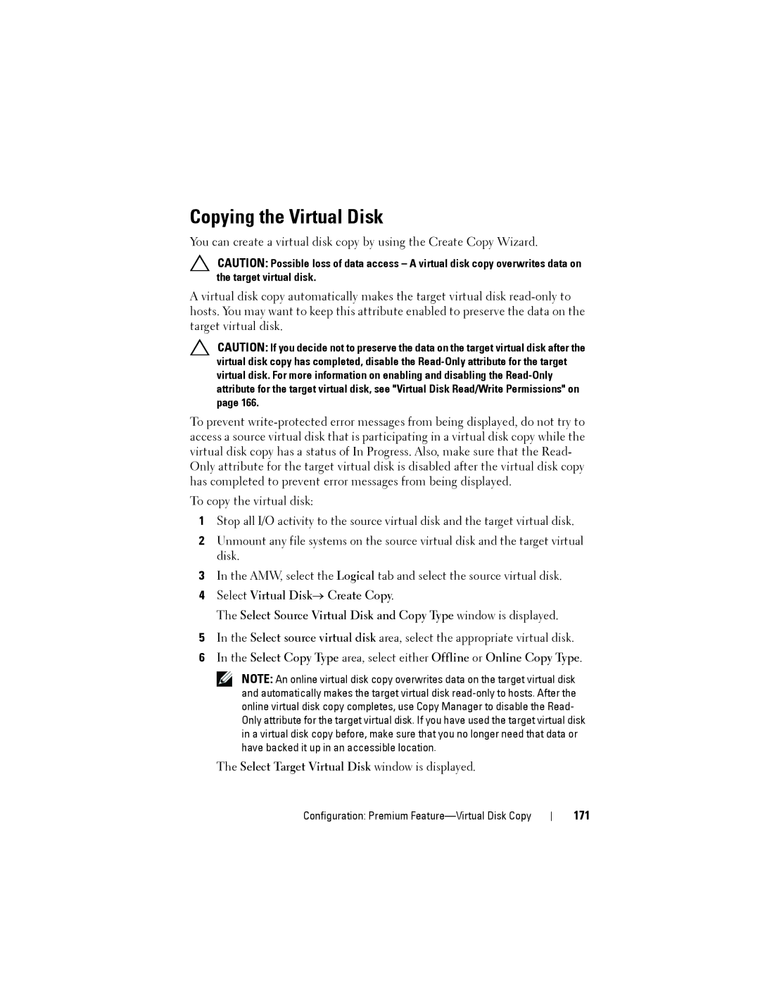 Dell MD3220, MD3200 owner manual Copying the Virtual Disk, 171 