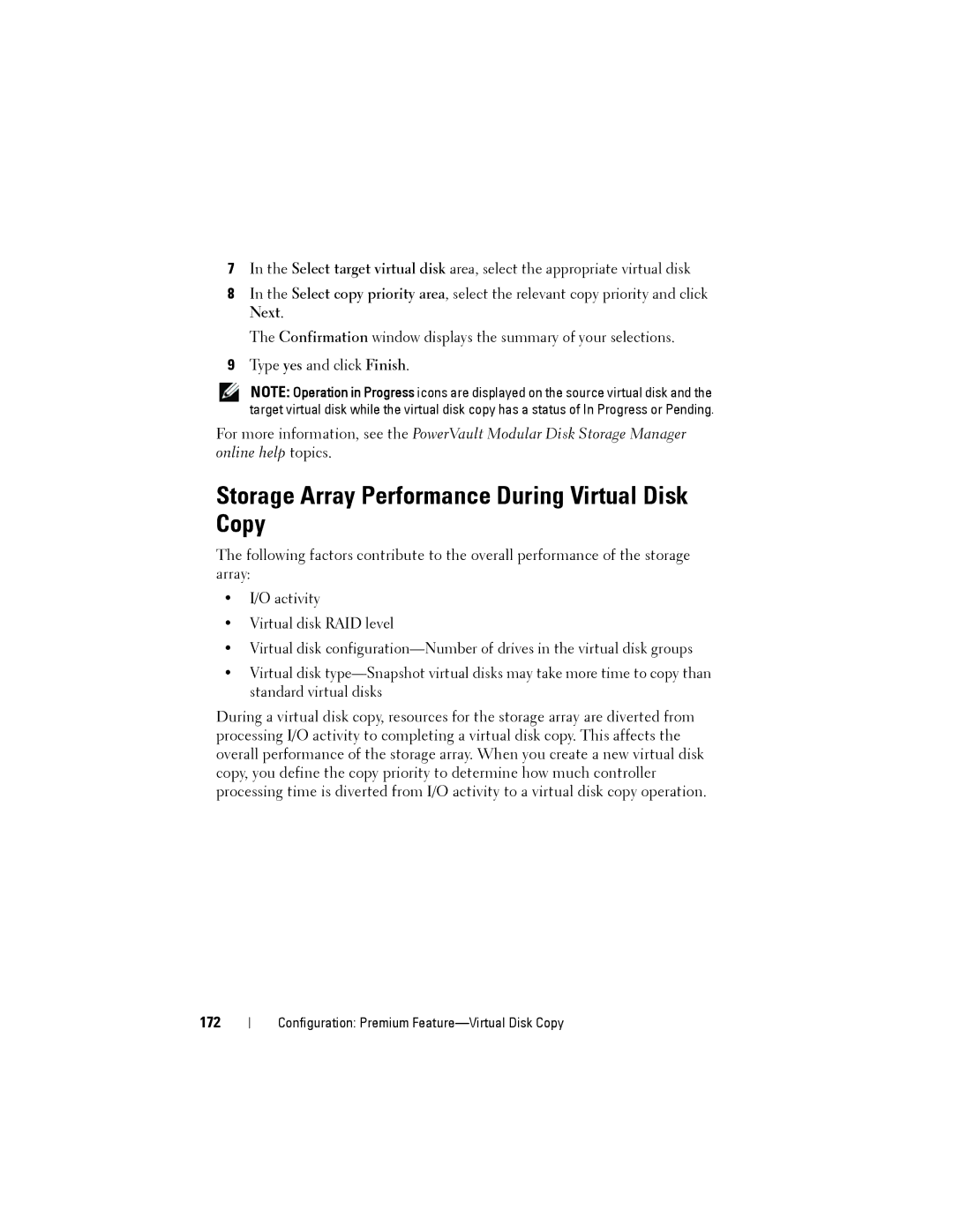 Dell MD3200, MD3220 owner manual Storage Array Performance During Virtual Disk Copy, 172 