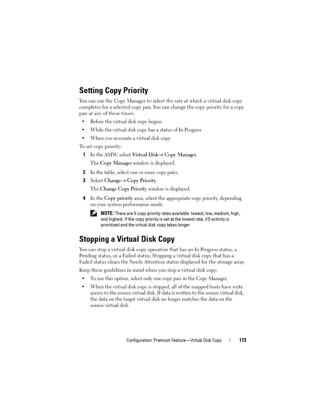 Dell MD3220, MD3200 owner manual Setting Copy Priority, Stopping a Virtual Disk Copy, Select Change→ Copy Priority, 173 