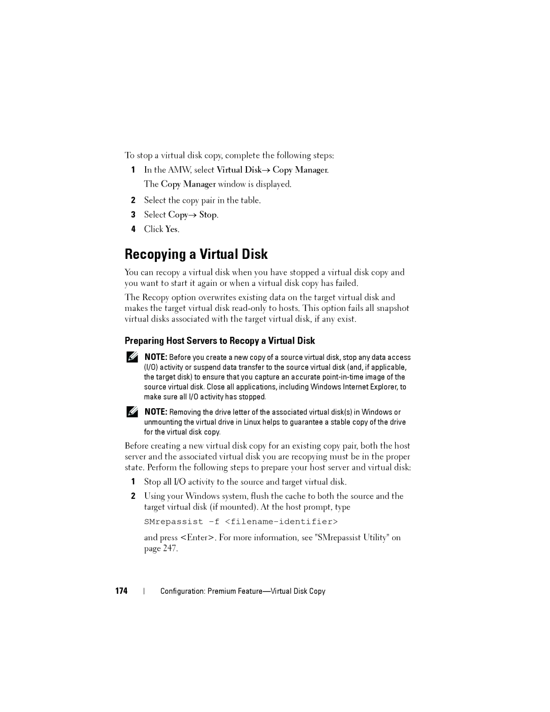 Dell MD3200, MD3220 owner manual Recopying a Virtual Disk, Preparing Host Servers to Recopy a Virtual Disk, 174 