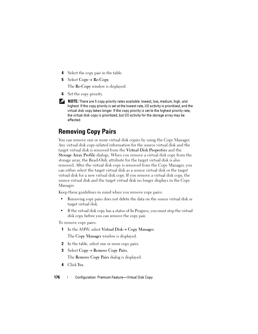 Dell MD3200, MD3220 owner manual Removing Copy Pairs, Select Copy→ Re-Copy, Select Copy→ Remove Copy Pairs, 176 