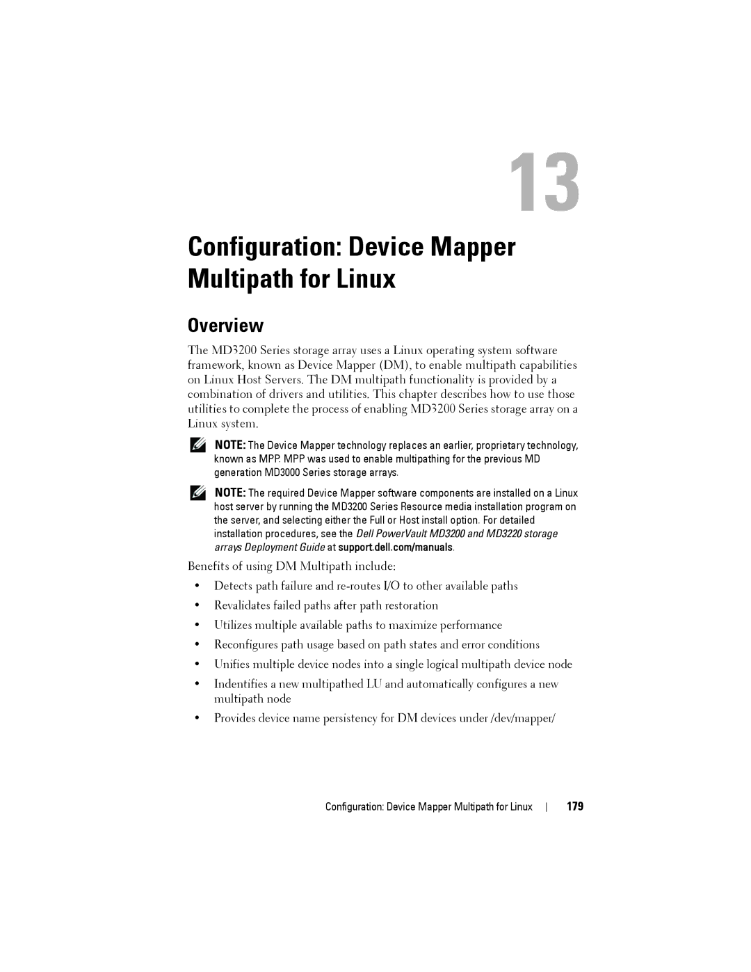 Dell MD3220, MD3200 owner manual Configuration Device Mapper Multipath for Linux, 179 