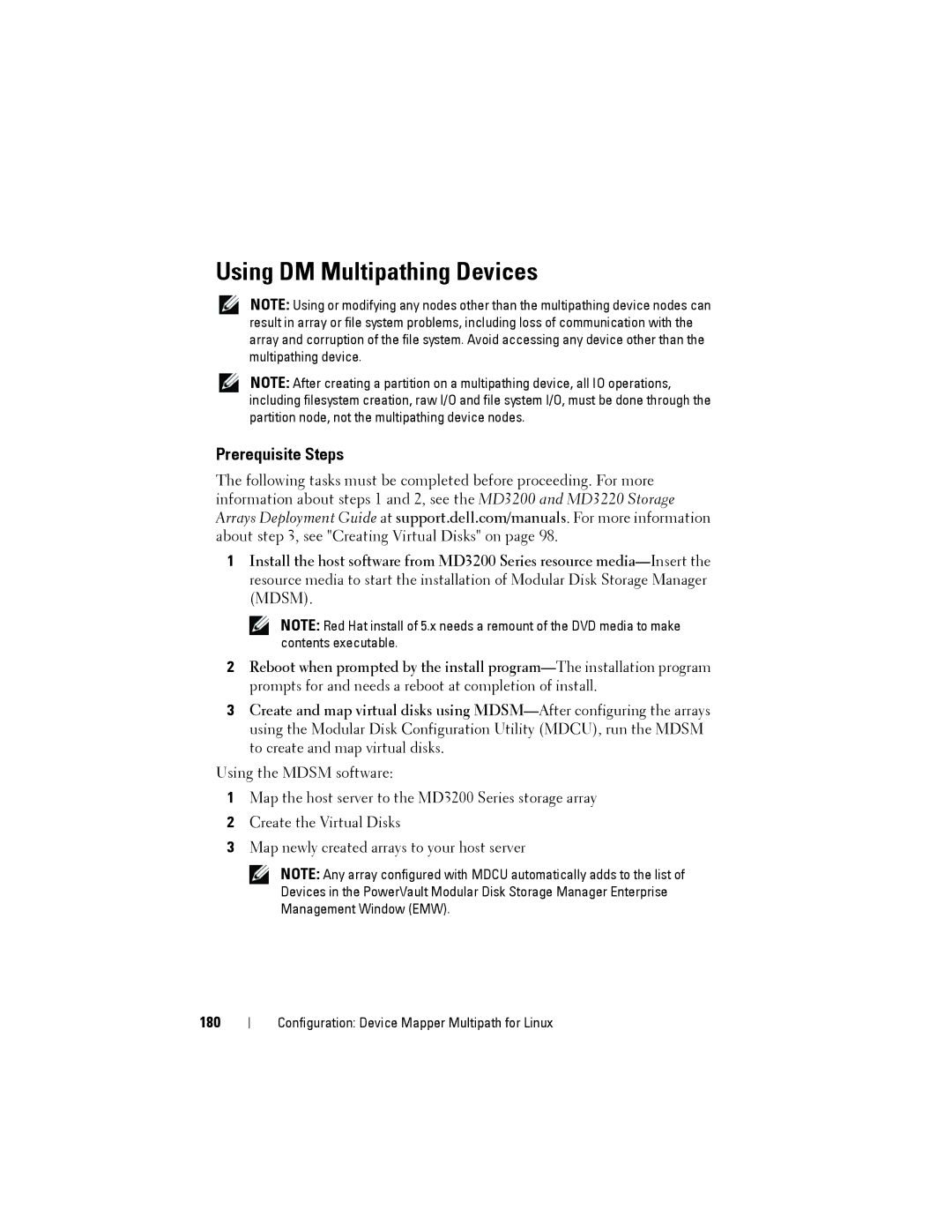 Dell MD3200, MD3220 owner manual Using DM Multipathing Devices, Prerequisite Steps, 180 