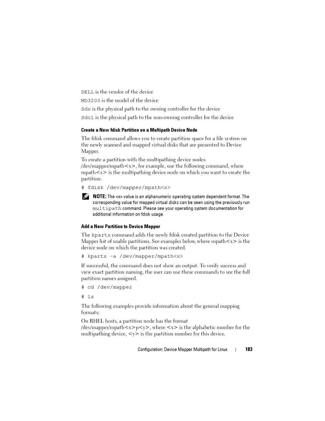 Dell MD3220, MD3200 Create a New fdisk Partition on a Multipath Device Node, Add a New Partition to Device Mapper, 183 