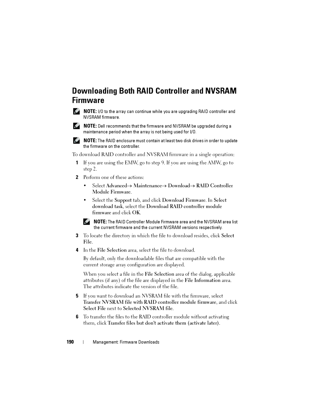 Dell MD3200, MD3220 owner manual Downloading Both RAID Controller and Nvsram Firmware, 190 