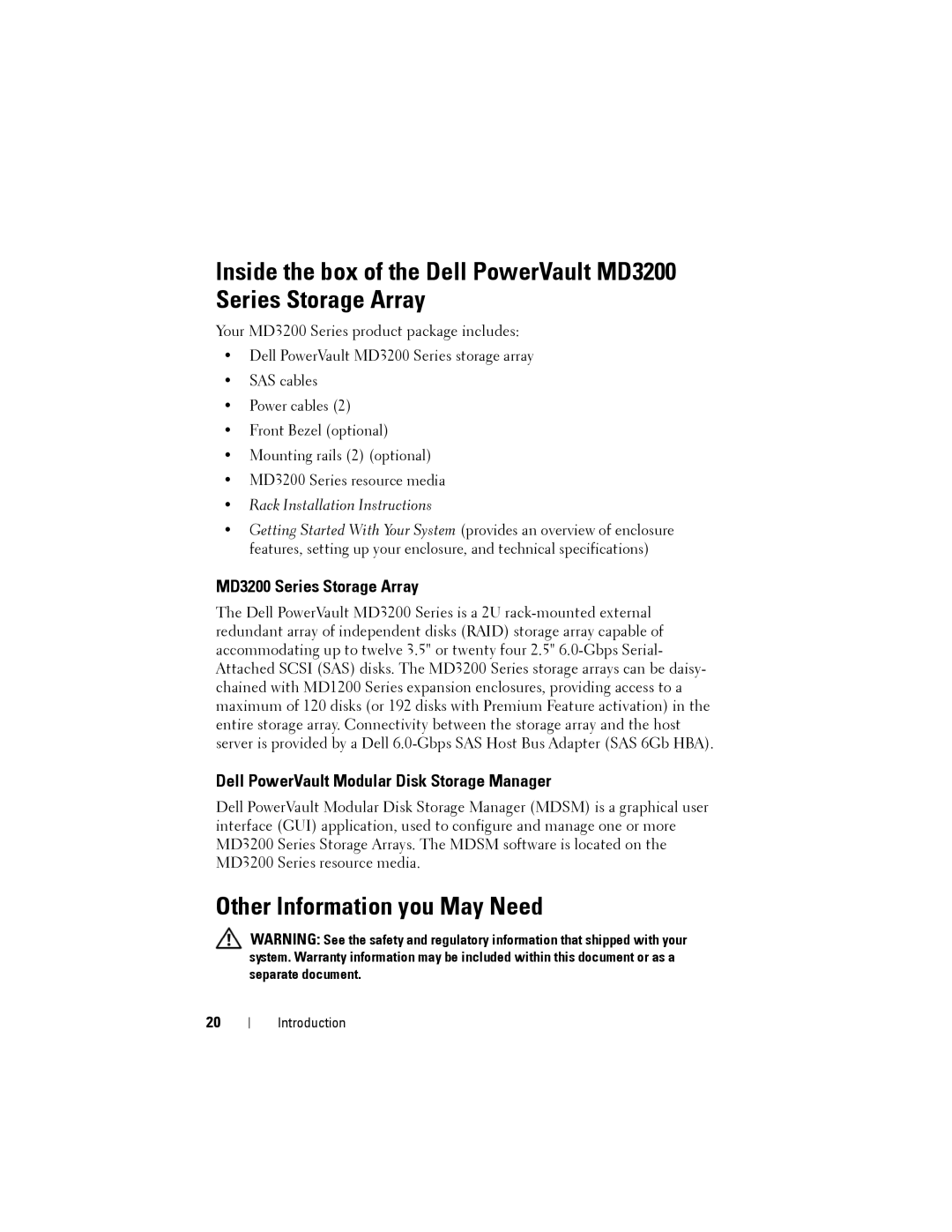 Dell MD3220 Other Information you May Need, MD3200 Series Storage Array, Dell PowerVault Modular Disk Storage Manager 