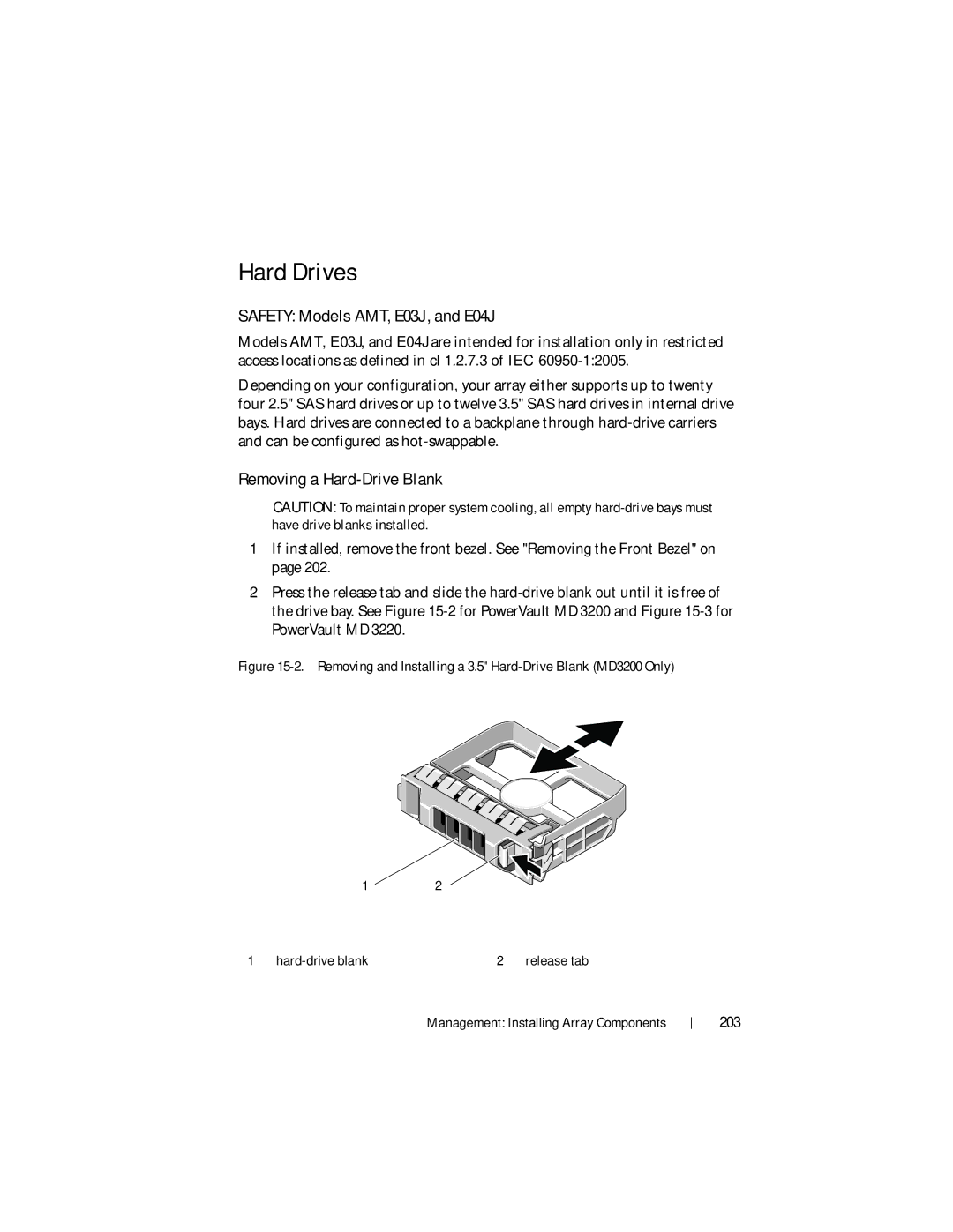 Dell MD3220, MD3200 owner manual Hard Drives, Safety Models AMT, E03J, and E04J, Removing a Hard-Drive Blank, 203 