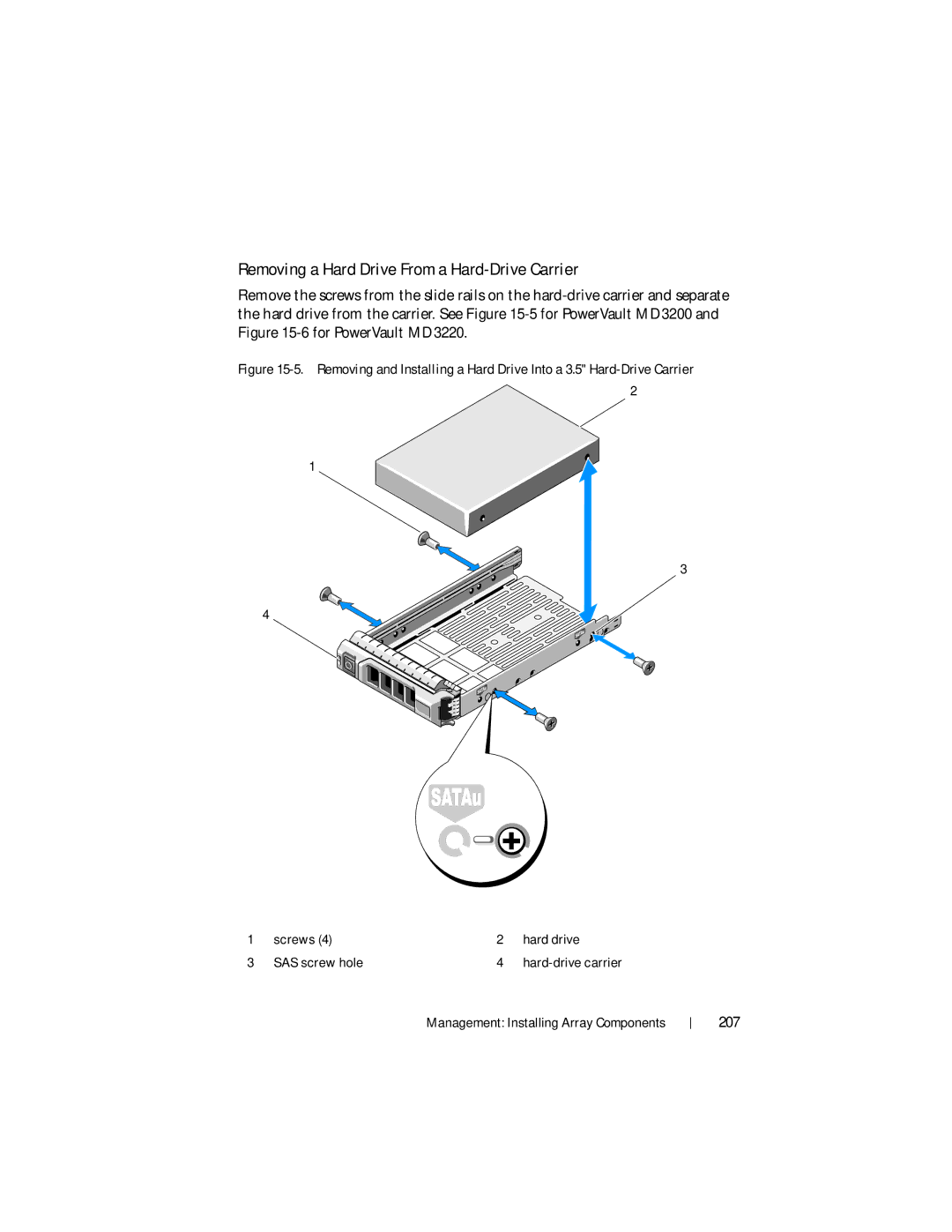 Dell MD3220, MD3200 owner manual Removing a Hard Drive From a Hard-Drive Carrier, 207 