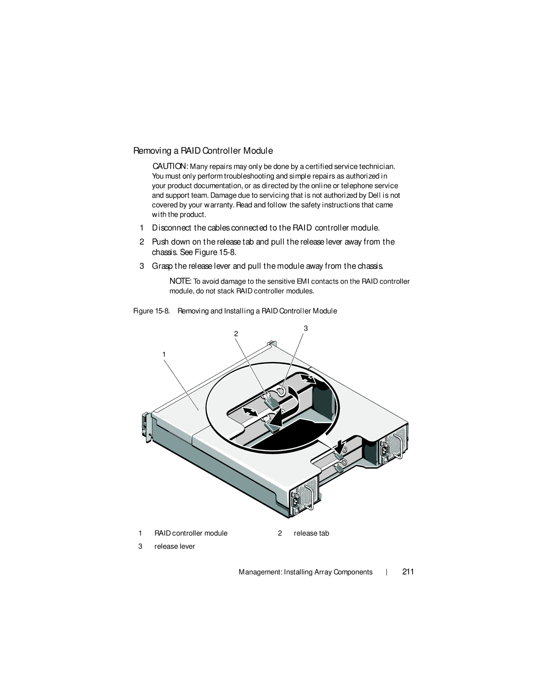 Dell MD3220, MD3200 owner manual Removing a RAID Controller Module, 211 