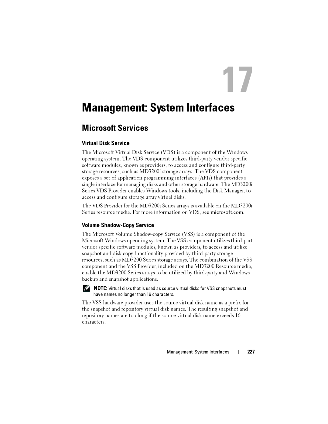 Dell MD3220 Management System Interfaces, Microsoft Services, Virtual Disk Service, Volume Shadow-Copy Service, 227 