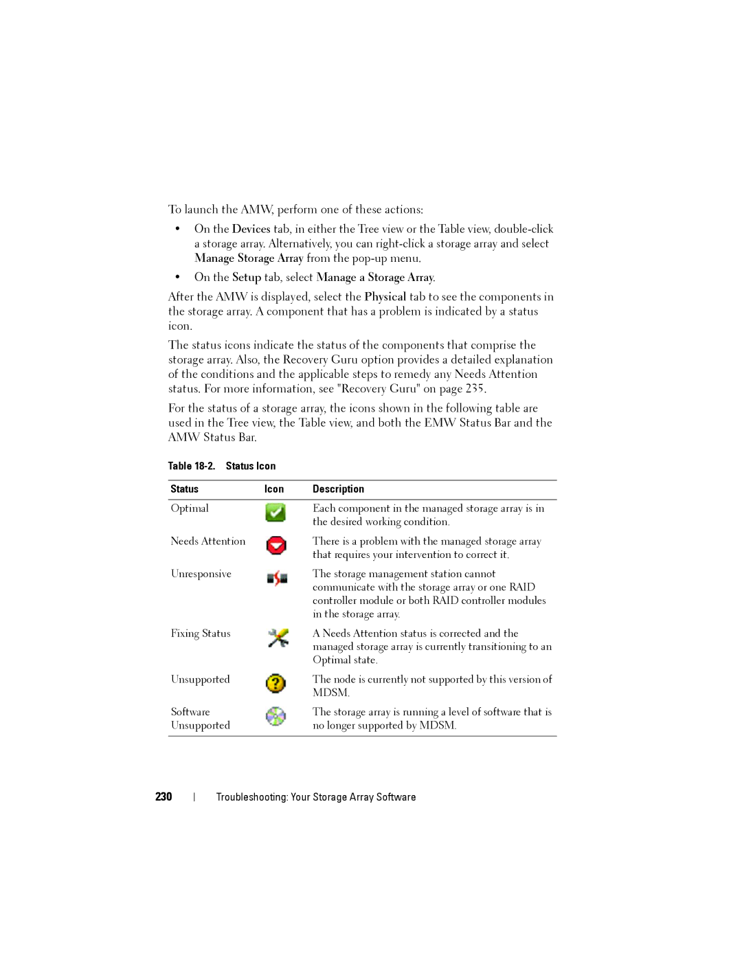 Dell MD3200, MD3220 owner manual On the Setup tab, select Manage a Storage Array, 230, Status Icon Description 