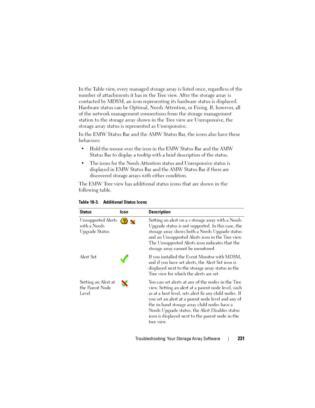 Dell MD3220, MD3200 owner manual 231, Additional Status Icons Description 