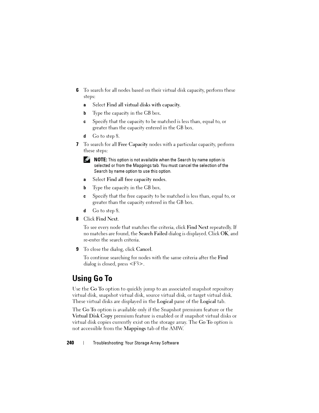 Dell MD3200, MD3220 owner manual Using Go To, Select Find all free capacity nodes, Click Find Next, 240 