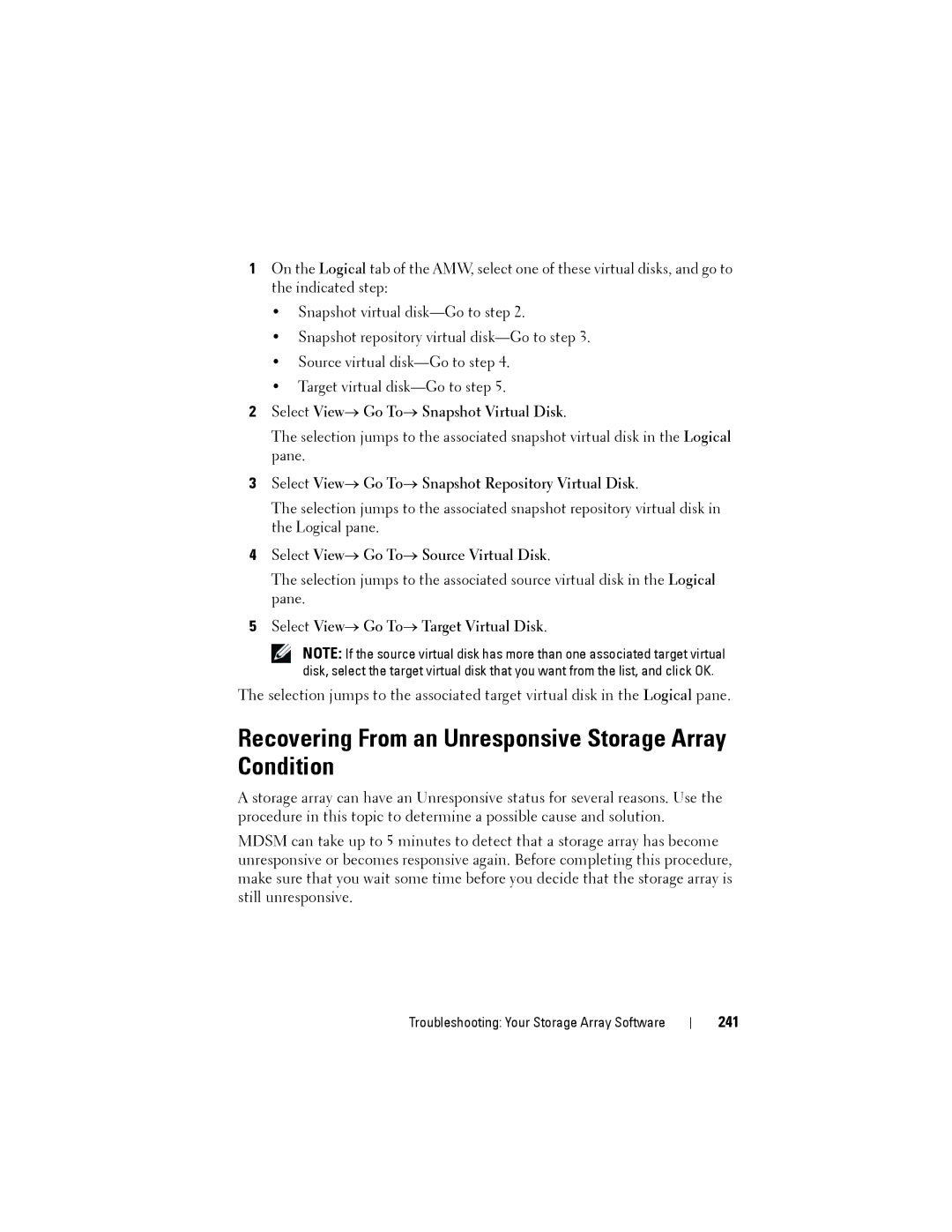 Dell MD3220, MD3200 owner manual Recovering From an Unresponsive Storage Array Condition, 241 