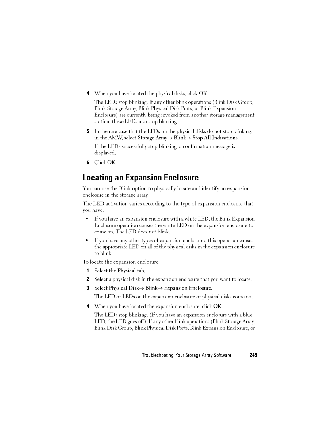 Dell MD3220, MD3200 owner manual Locating an Expansion Enclosure, Select Physical Disk→ Blink→ Expansion Enclosure, 245 