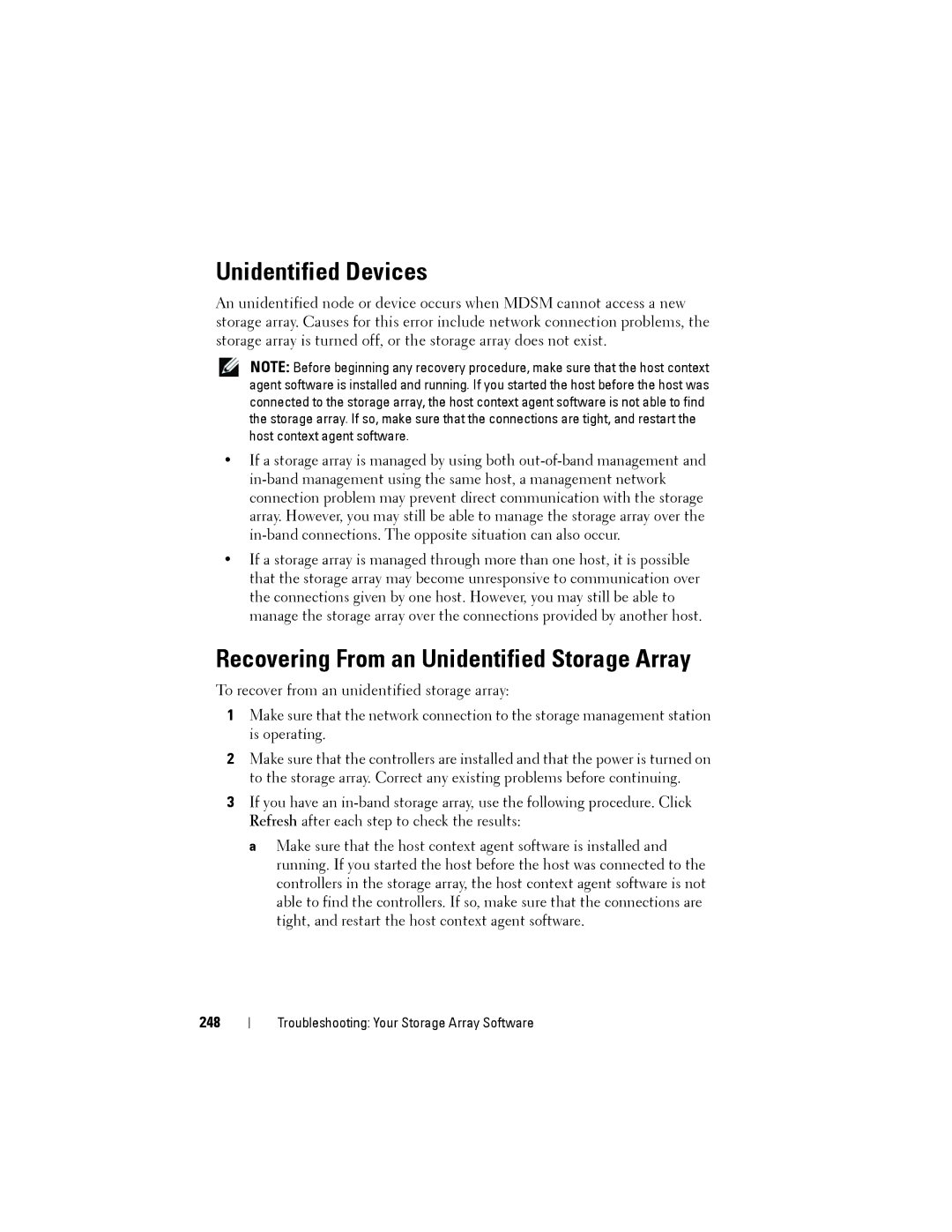 Dell MD3200, MD3220 owner manual Unidentified Devices, Recovering From an Unidentified Storage Array, 248 