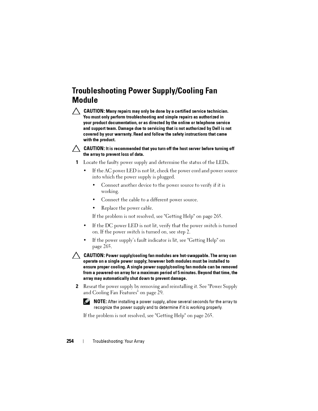 Dell MD3200, MD3220 owner manual Troubleshooting Power Supply/Cooling Fan Module, 254 