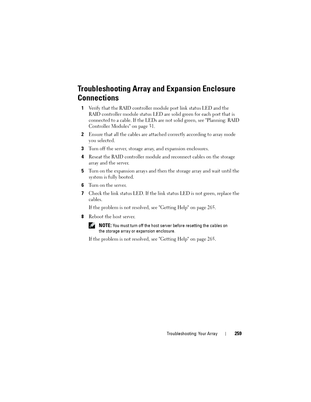 Dell MD3220, MD3200 owner manual Troubleshooting Array and Expansion Enclosure Connections, 259 