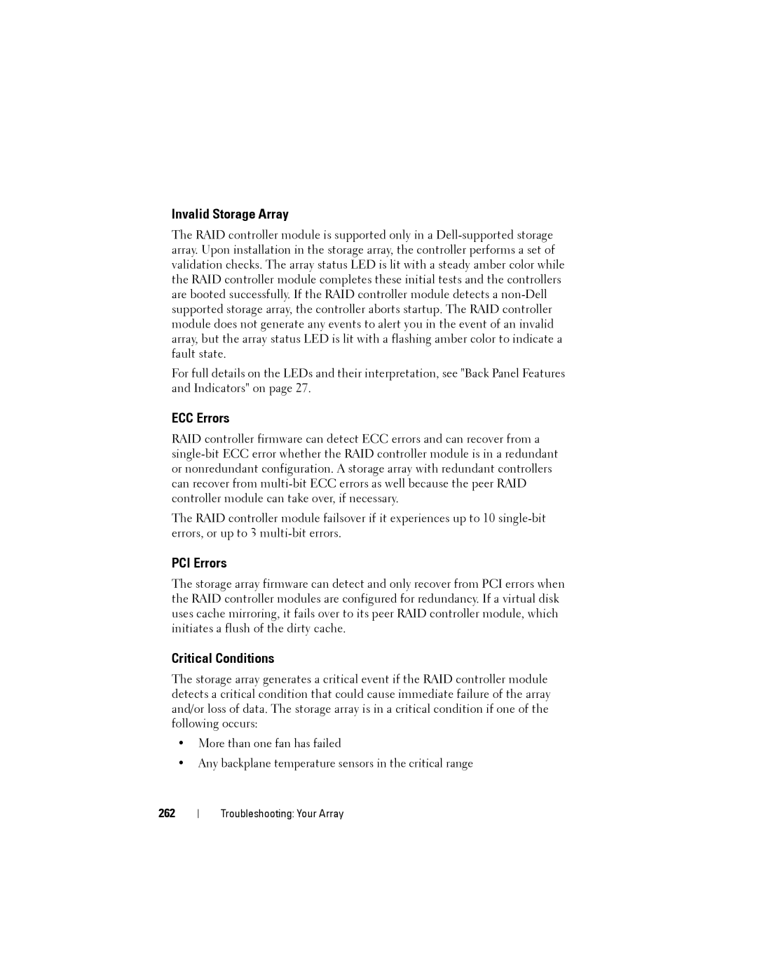 Dell MD3200, MD3220 owner manual Invalid Storage Array, ECC Errors, PCI Errors, Critical Conditions, 262 