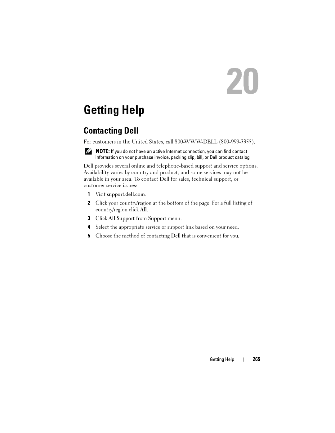 Dell MD3220, MD3200 Getting Help, Contacting Dell, Visit support.dell.com, Click All Support from Support menu, 265 