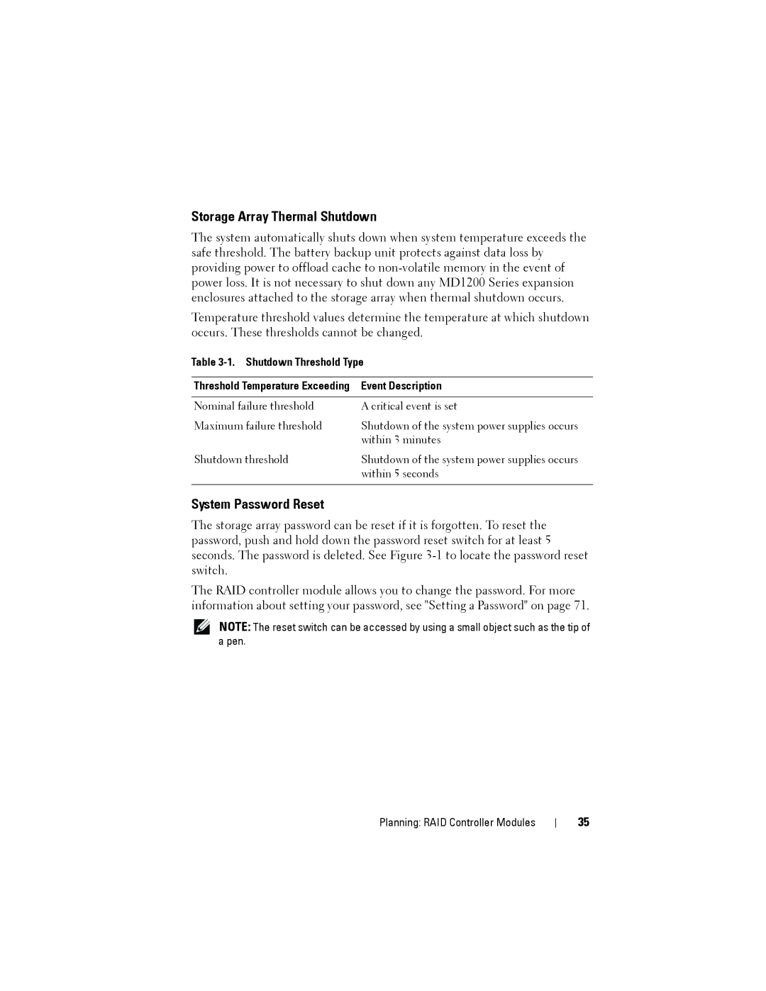 Dell MD3220, MD3200 Storage Array Thermal Shutdown, System Password Reset, Shutdown Threshold Type, Event Description 