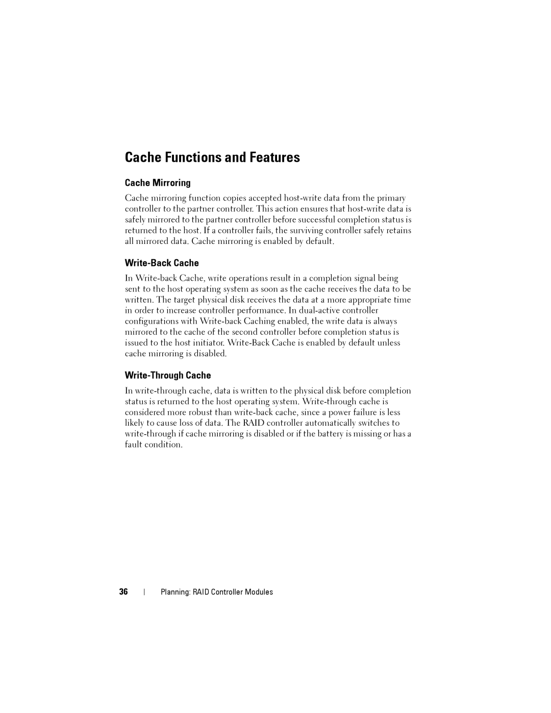 Dell MD3200, MD3220 owner manual Cache Functions and Features, Cache Mirroring, Write-Back Cache, Write-Through Cache 