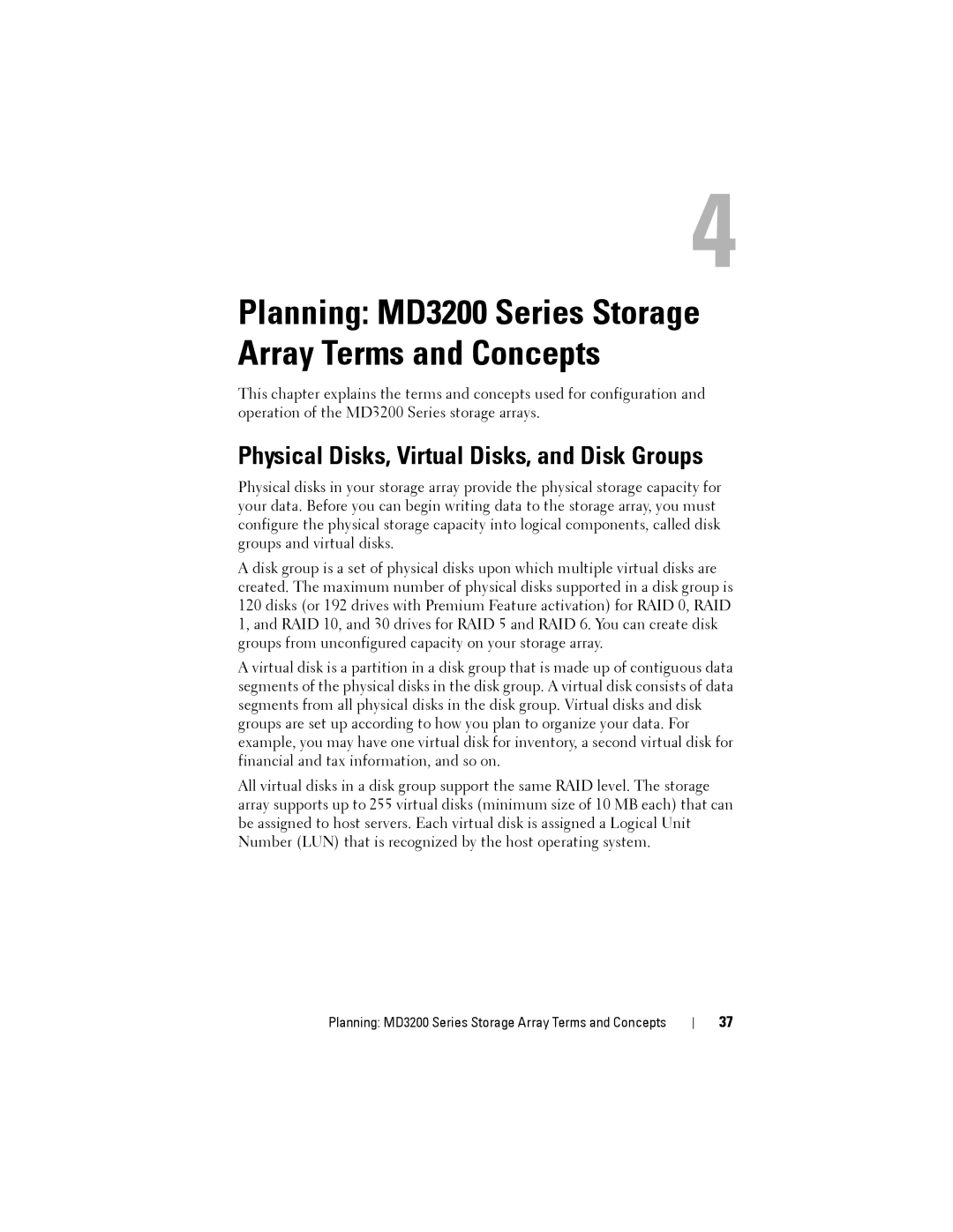 Dell MD3220 Planning MD3200 Series Storage Array Terms and Concepts, Physical Disks, Virtual Disks, and Disk Groups 